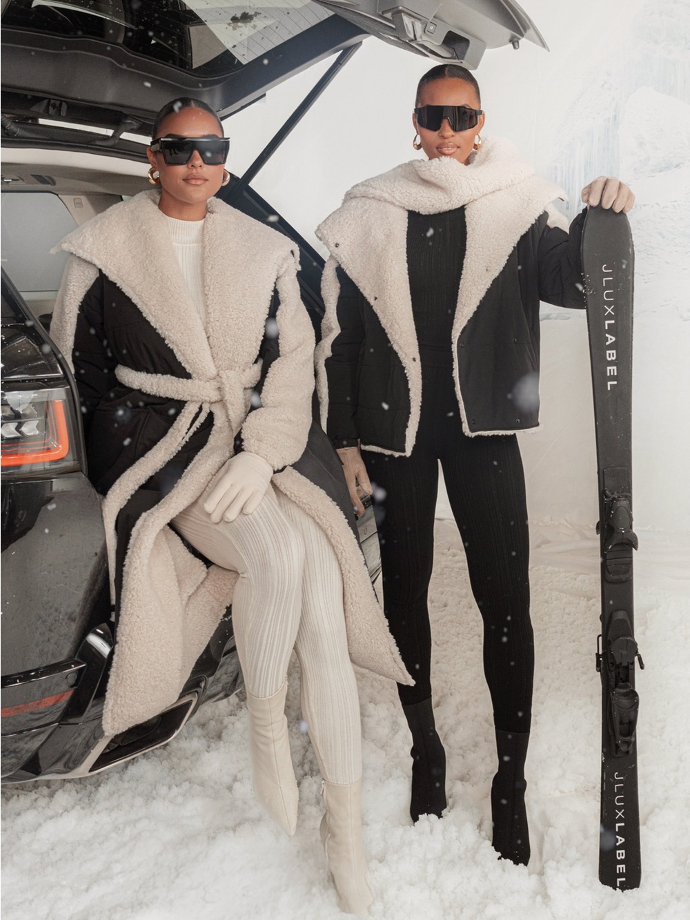 JLUXLABEL Black Puffer Jacket and Coat with Cream Shearling Trim